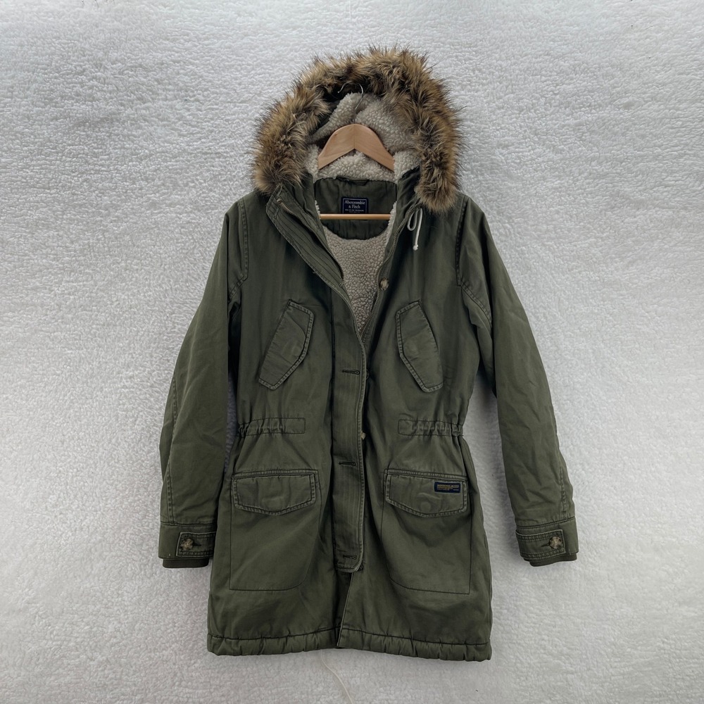 Abercrombie Fitch Jacket Mens S Olive Green‎ Military Parka Sherpa Fur Hood Y2K